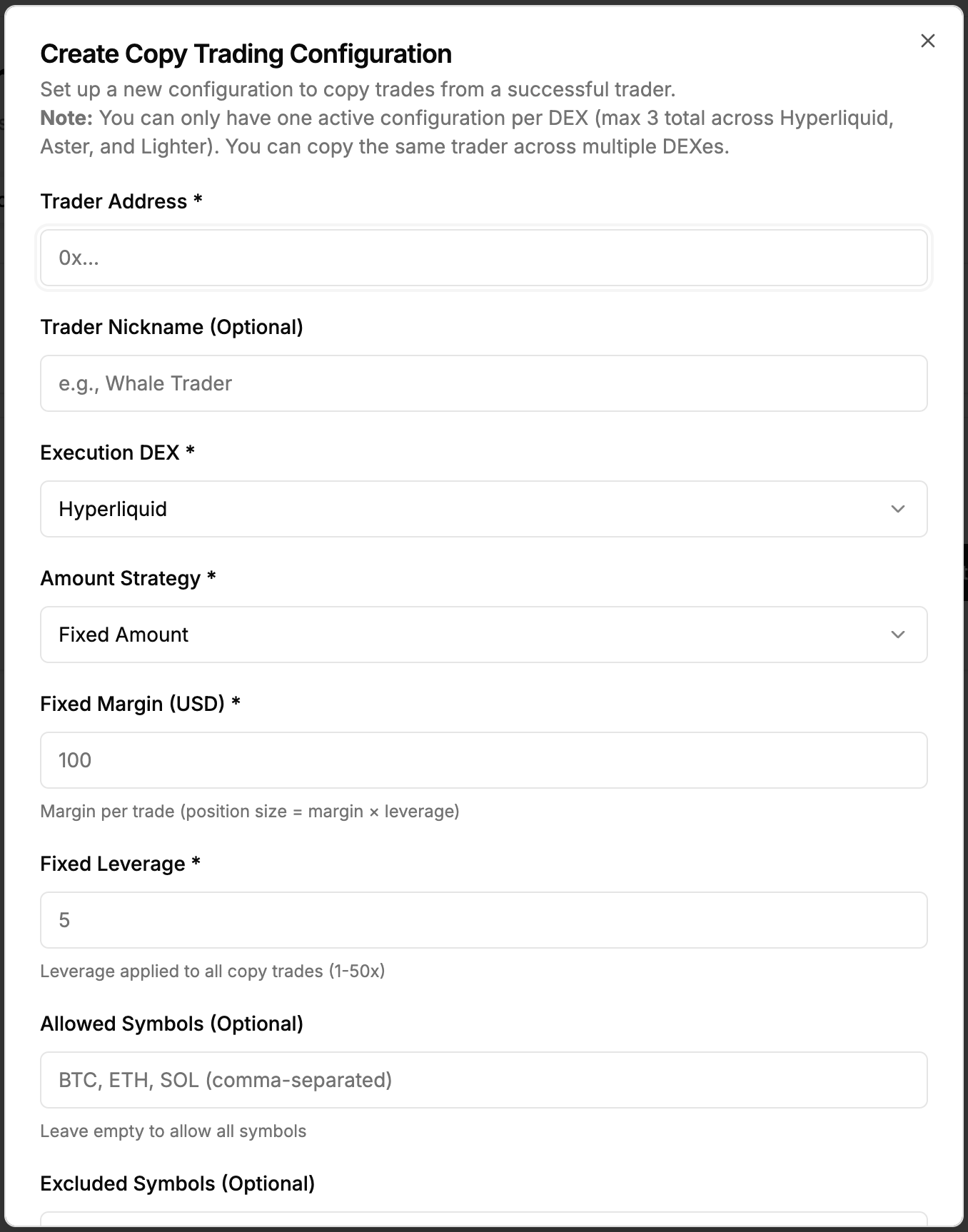 Create New Copy Trade Configuration