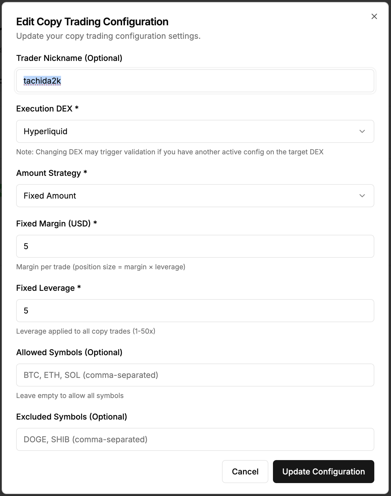 Edit Copy Trading Configuration